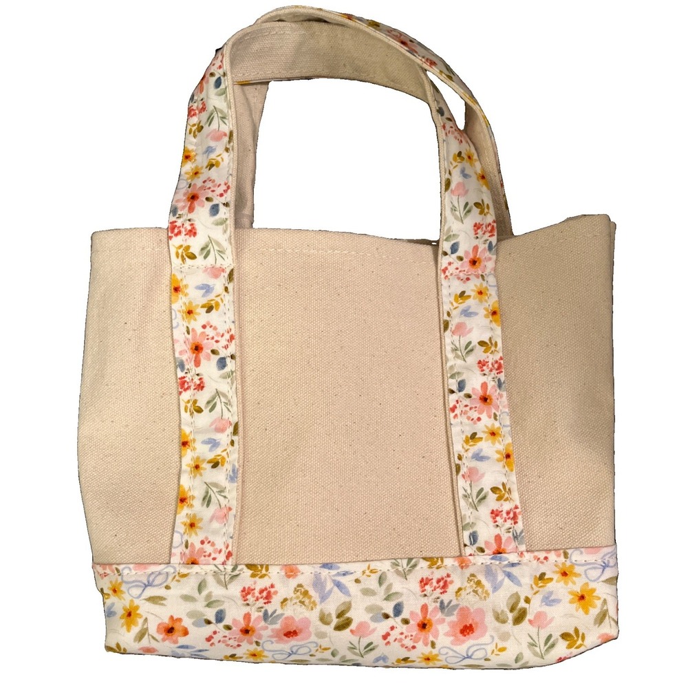 Canvas Tote Cream Color Decorative Pastel Floral Handles And Bottom Mini 7" x 7"